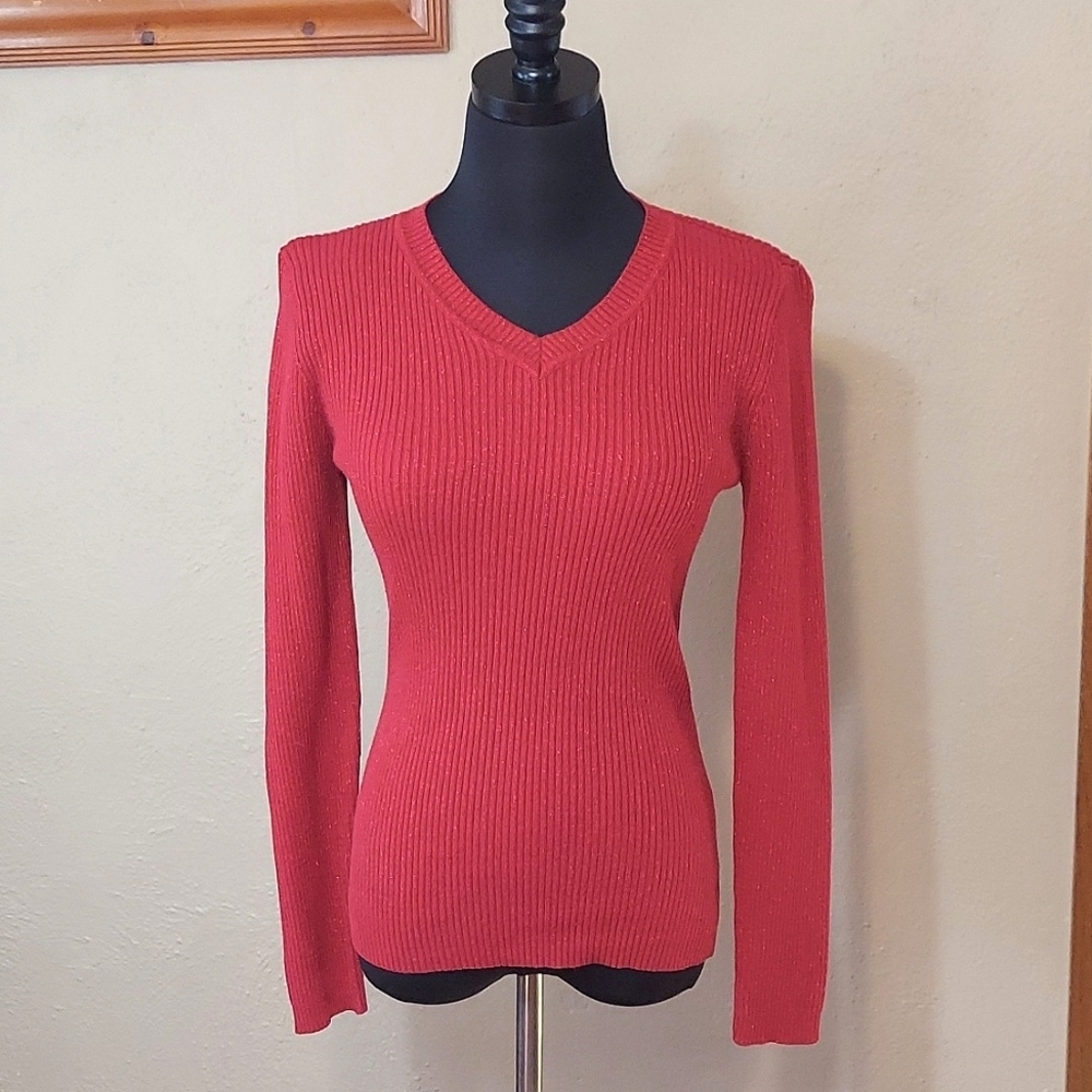 Juniors Basic Editions Red Long Sleeve Glitter Stretch Sweater